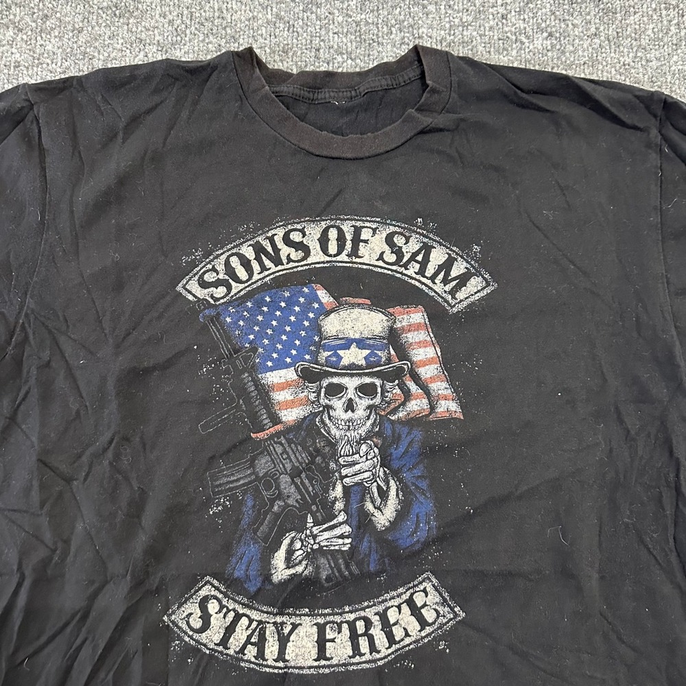 Sons of Sam T-Shirt Mens Size M Black Stay Free Graphic Skeleton Uncle Sam Tee